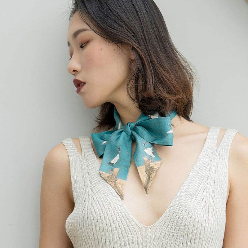 Mulberry Silk 16 Momme Silk Crane Narrow Scarf 120x5cm - SinoCultural
