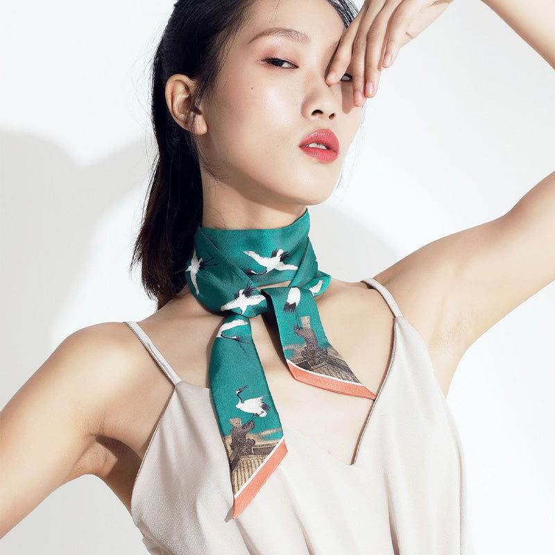 Mulberry Silk 16 Momme Silk Crane Narrow Scarf 120x5cm - SinoCultural