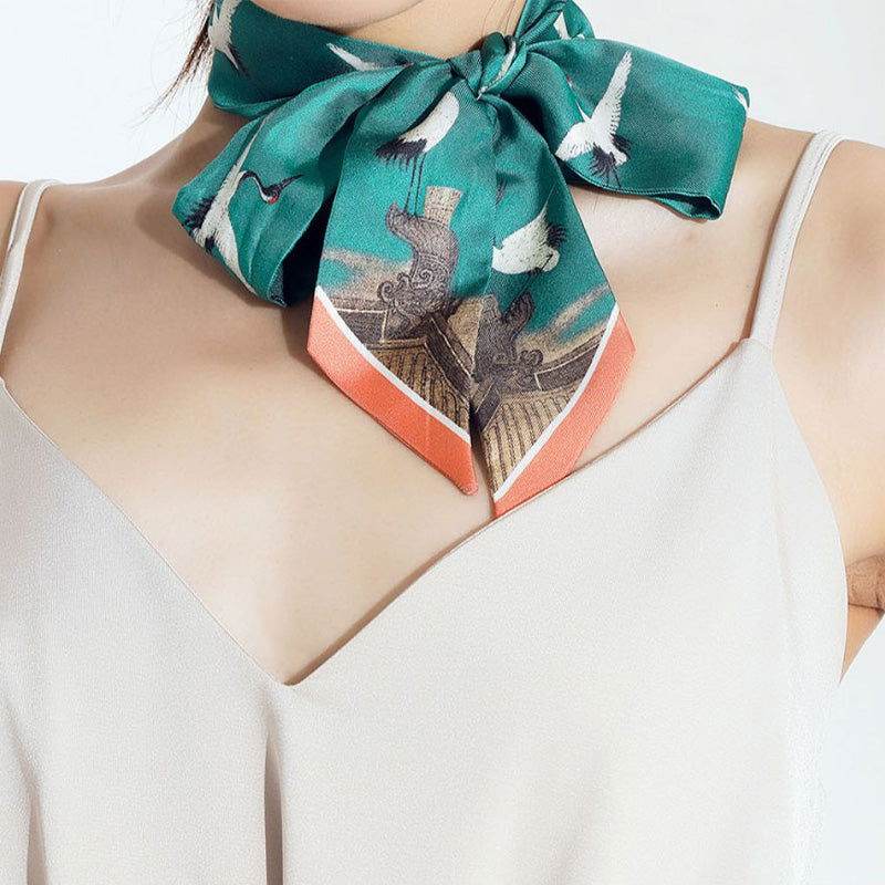 Mulberry Silk 16 Momme Silk Crane Narrow Scarf 120x5cm - SinoCultural