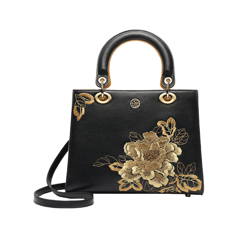 Embroidery Leather Black Lady Bag Gold Peony Luxury Handbag