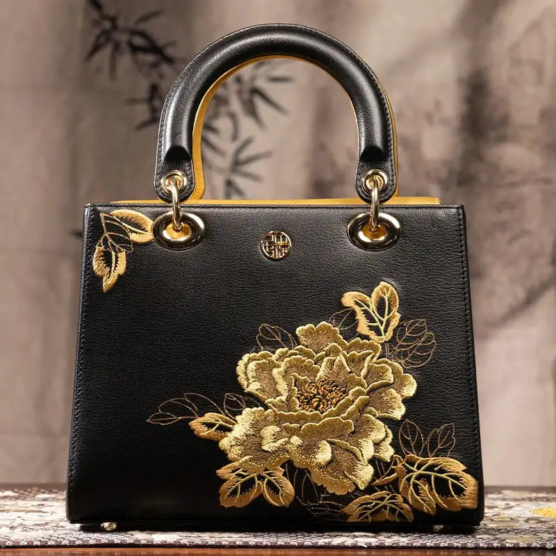 Embroidery Leather Lady Bag High Luxury Royal Gold Peony