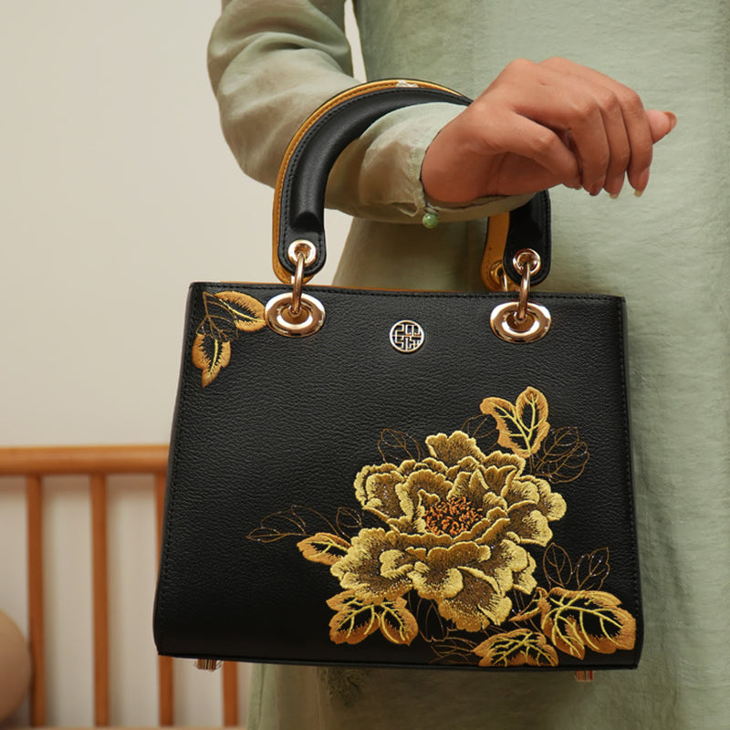 Embroidery Leather Gold Peony Women's Bag