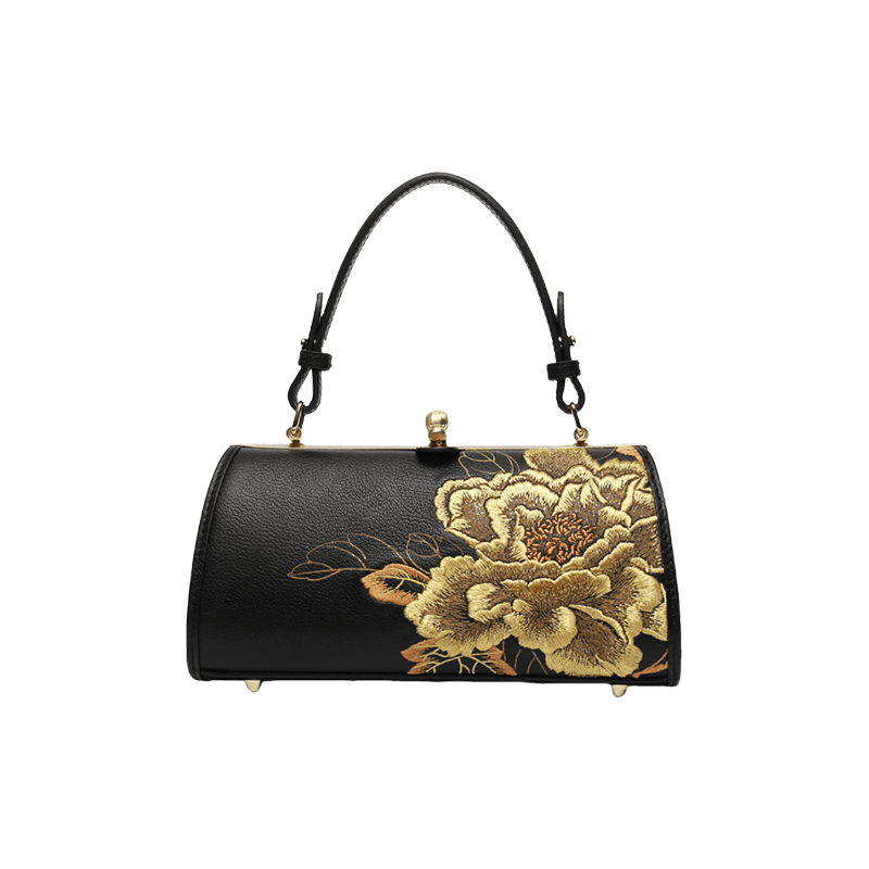Embroidery Leather Kiss Lock Bag Royal Gold Peony Luxury Handbag - SinoCultural