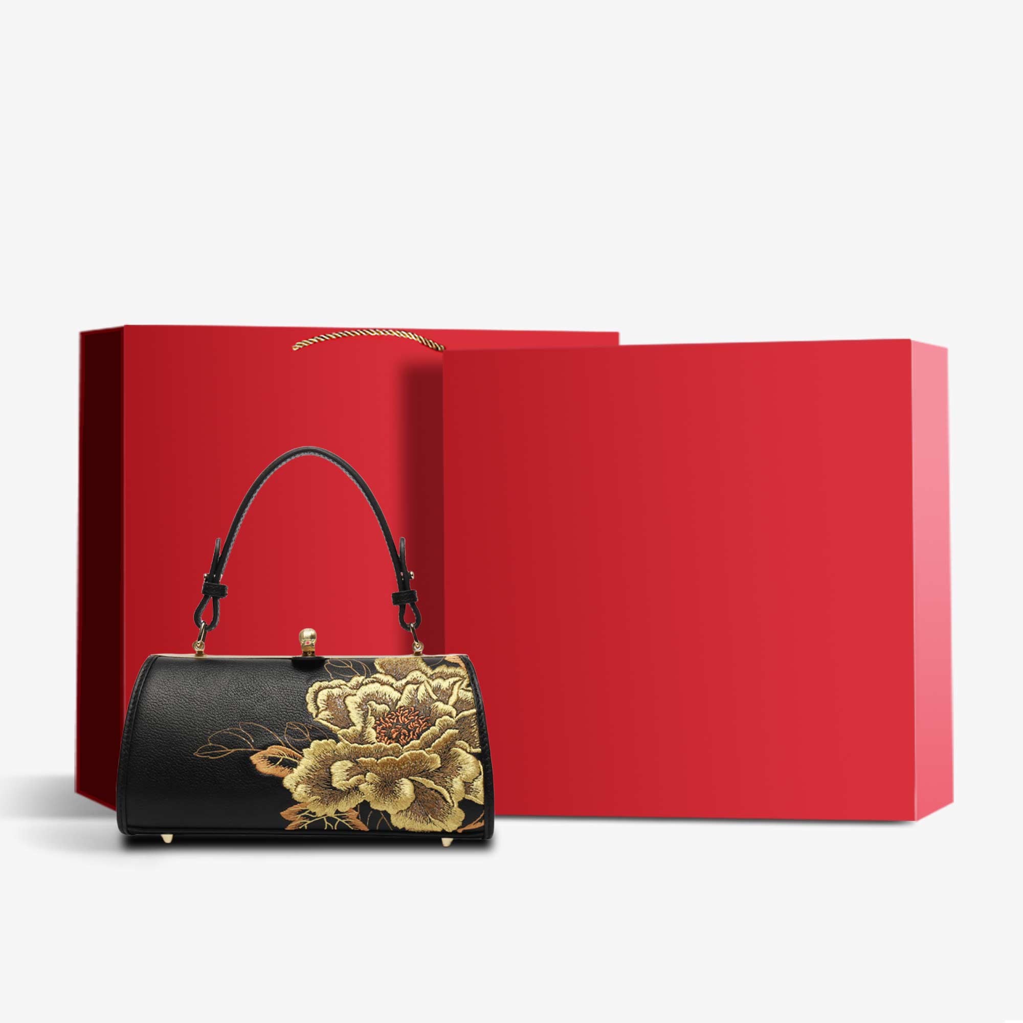 Embroidery Leather Chain Barrel Handbag High Luxury Royal Gold Peony-Handbag-SinoCultural-Black-Bag with Gift Box-P110149-2-g-SinoCultural