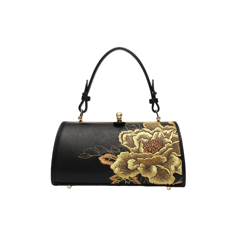 Embroidery Leather Chain Barrel Bag Royal Gold Peony Luxury Handbag