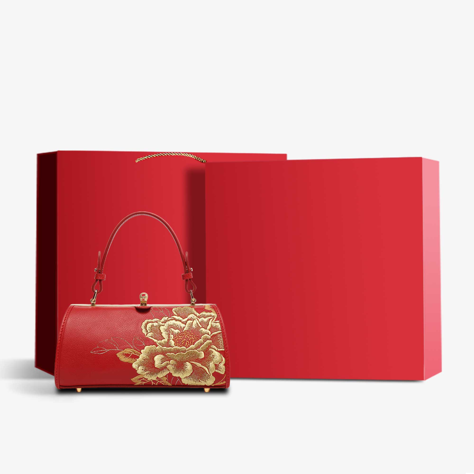 Embroidery Leather Chain Barrel Handbag High Luxury Royal Gold Peony-Handbag-SinoCultural-Red-Bag with Gift Box-P110149-1-g-SinoCultural