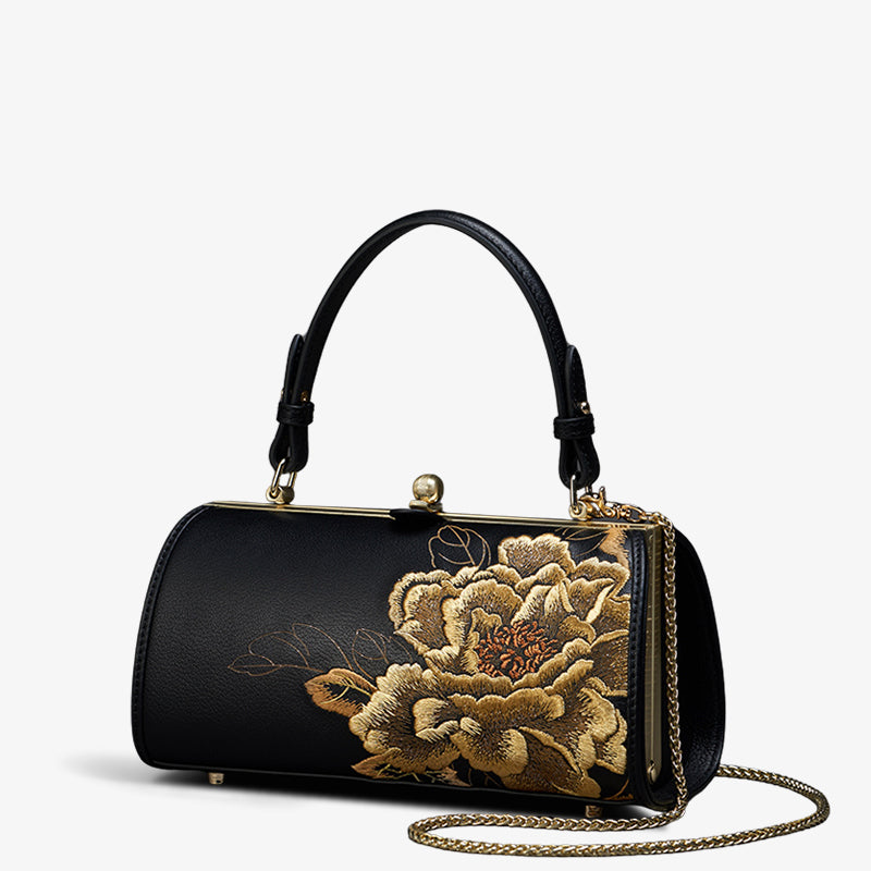 Embroidery Golden Peony Chain Barrel Handbag
