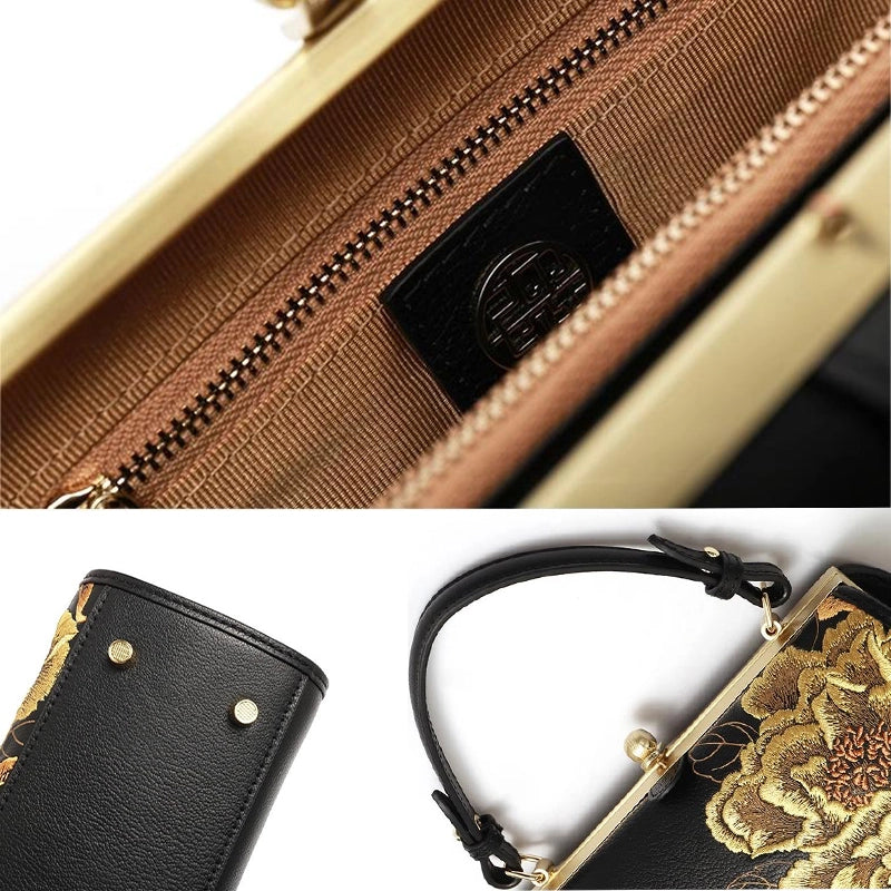 Embroidery Leather Chain Barrel Handbag High Luxury Royal Gold Peony-Handbag-SinoCultural-SinoCultural