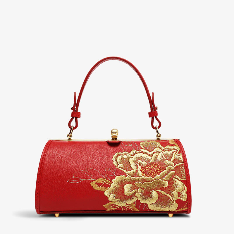 Embroidery Golden Peony Chain Barrel Handbag