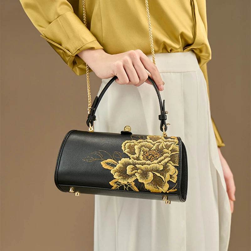 Embroidery Leather Kiss Lock Bag Royal Gold Peony Luxury Handbag - SinoCultural