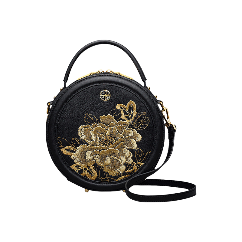 Embroidery Leather Round Handbag High Luxury Royal Gold Peony - SinoCultural