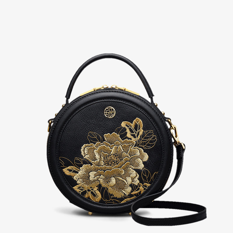 Embroidery Gold Peony Handmade Round Handbag