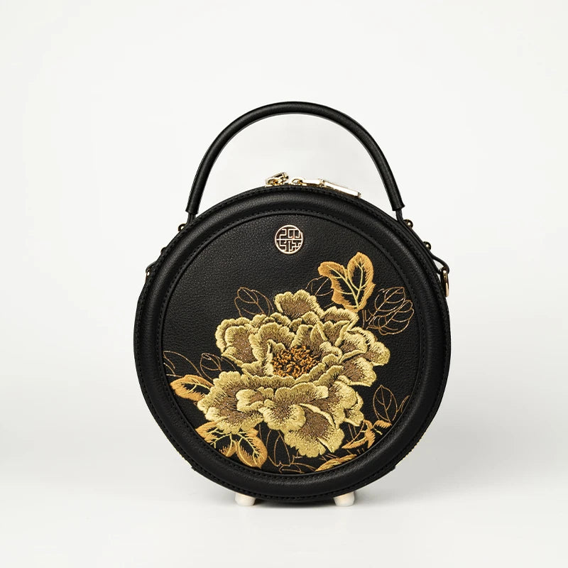 Embroidery Leather Round Handbag High Luxury Royal Gold Peony