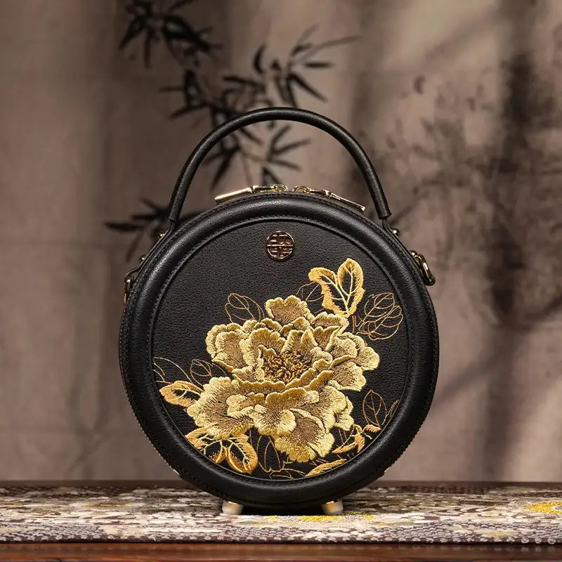 Embroidery Leather Round Handbag High Luxury Royal Gold Peony