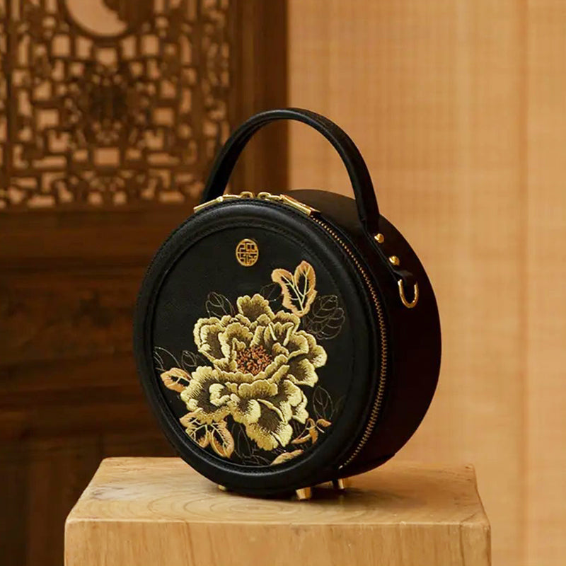 Embroidery Gold Peony Handmade Round Handbag