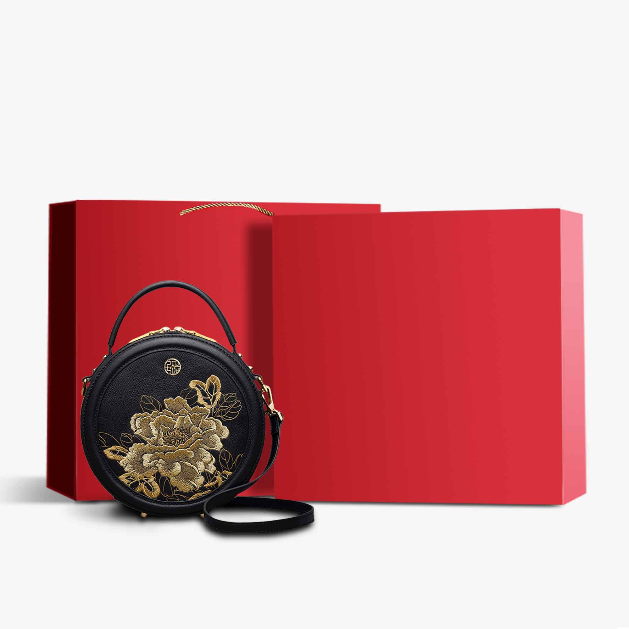Embroidery Leather Round Handbag High Luxury Royal Gold Peony-Handbag-SinoCultural-Black-Bag with Gift Box-P110171-g-SinoCultural