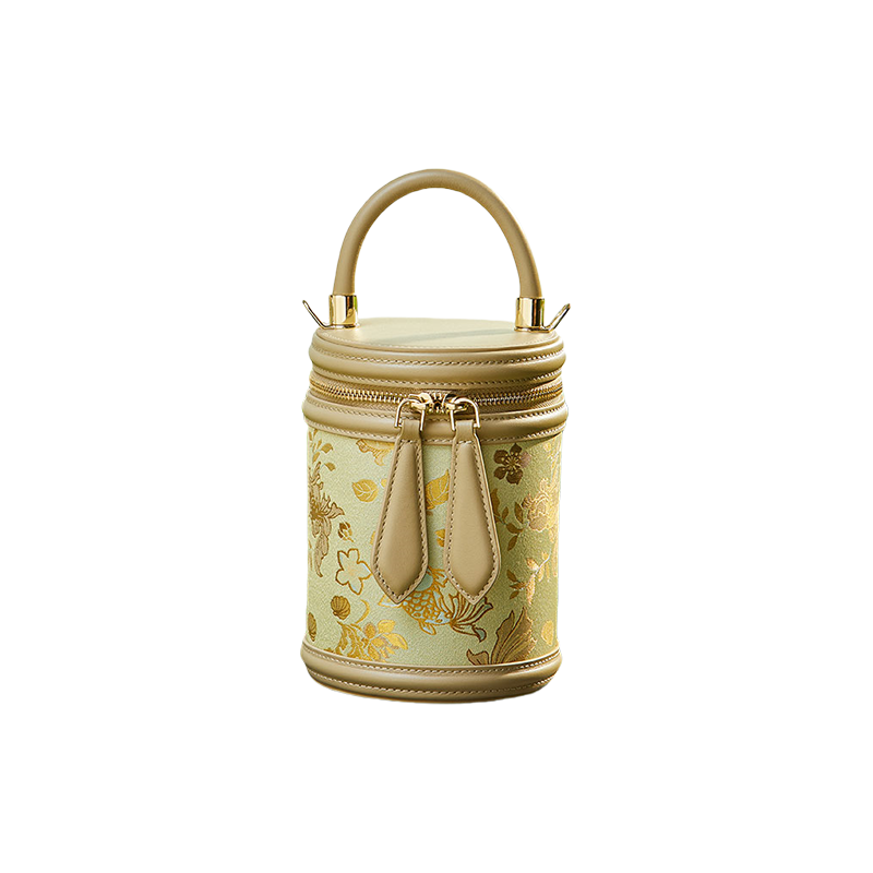 Song Brocade Leather Bucket Cylinder Bag - SinoCultural