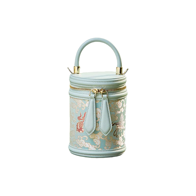 Song Brocade Leather Bucket Cylinder Bag - SinoCultural