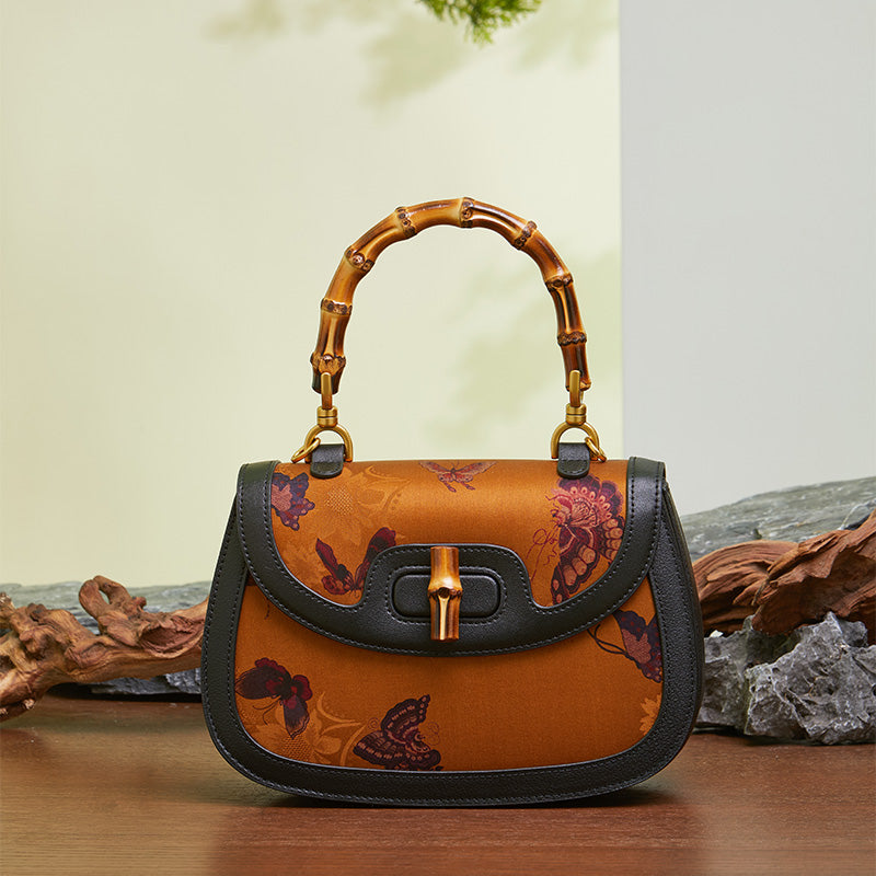 Fragrant Cloud Silk Leather Vintage Bamboo Handle Handbag-Handbag-SinoCultural-SinoCultural