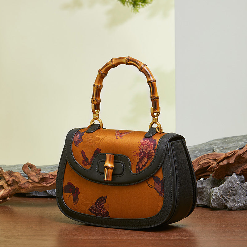 Fragrant Cloud Silk Leather Vintage Bamboo Handle Handbag-Handbag-SinoCultural-SinoCultural