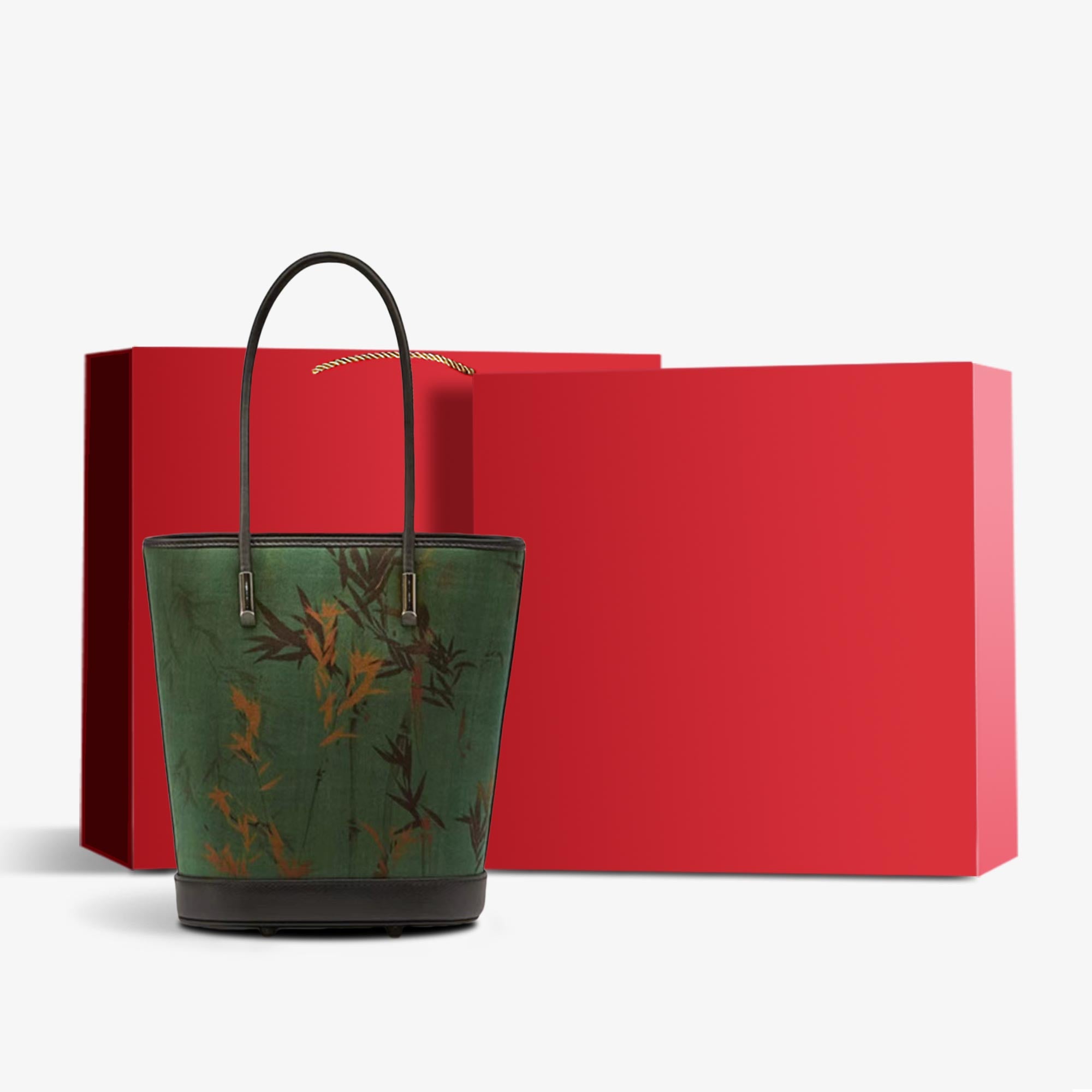 Fragrant Cloud Silk Bamboo Leaf Bucket Tote Bag-Bucket Bag-SinoCultural-Green-Bag with Gift Box-P110608-g-SinoCultural