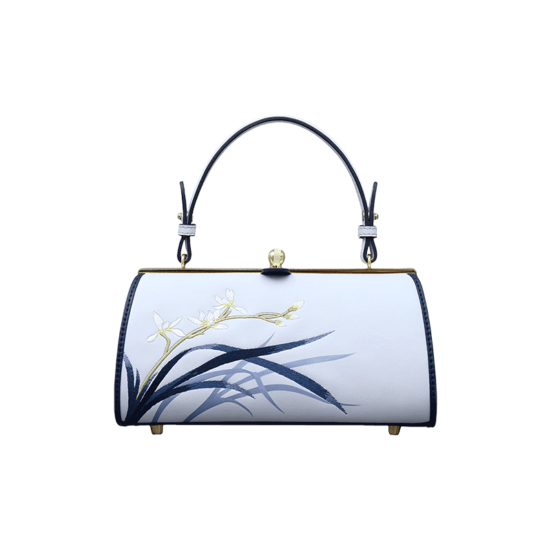 Embroidery Leather Blue Kiss Lock Bag Orchid Cylinder Chain Handbag - SinoCultural