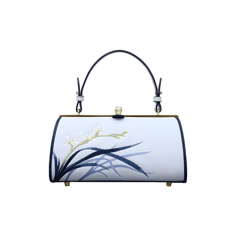 Embroidery Leather Blue Barrel Bag Orchid Cylinder Chain Handbag