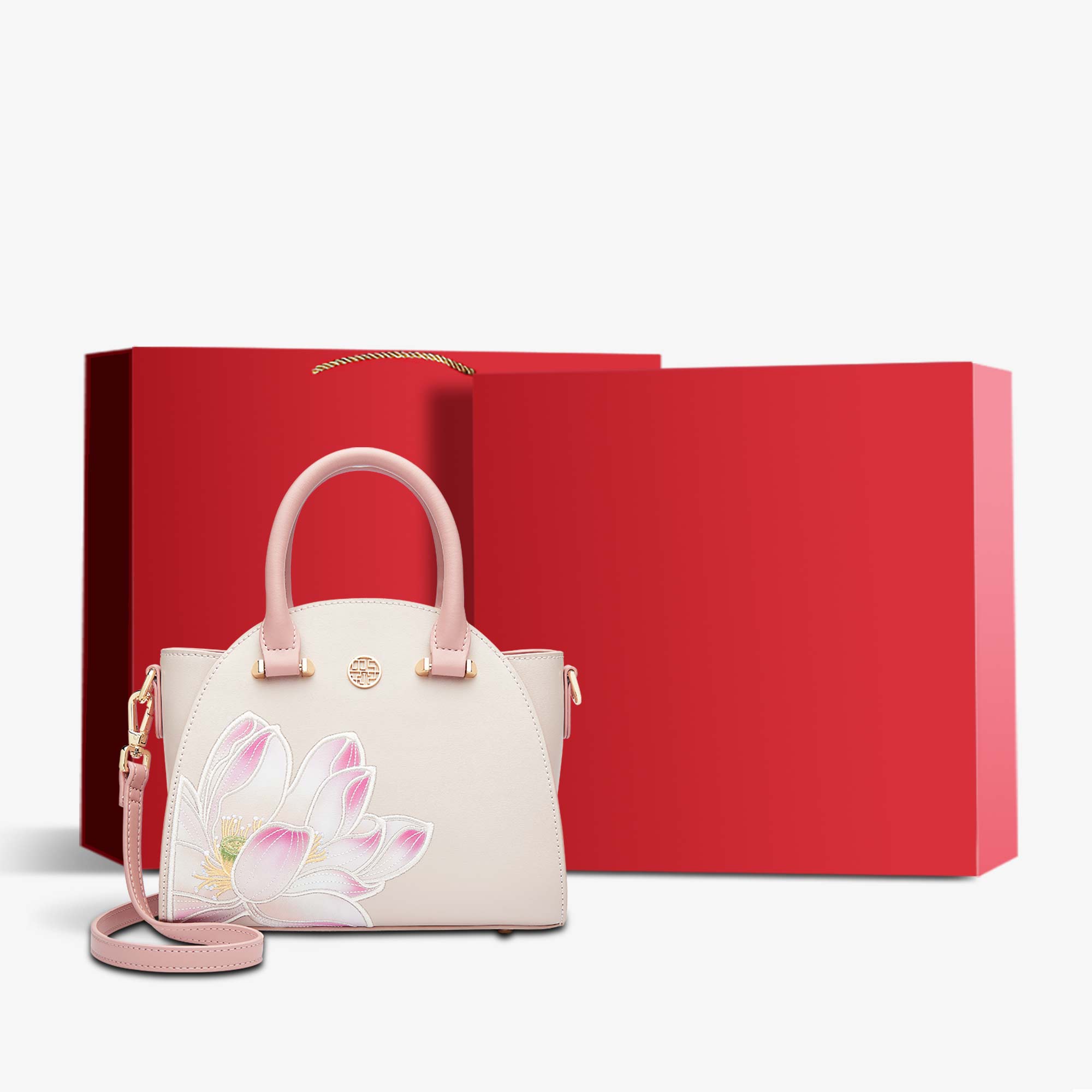 Embroidery Leather Crossbody Bag Pink Lotus Elegance