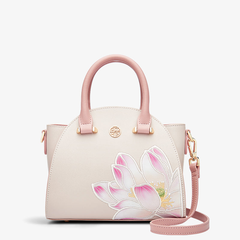 Embroidery Leather Crossbody Bag Pink Lotus Elegance-Crossbody Bag-SinoCultural-Pink-Single Bag-P120123-1-SinoCultural