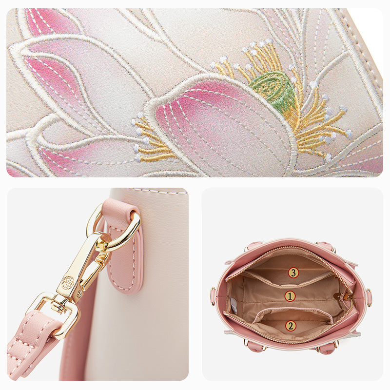 Embroidery Leather Crossbody Bag Pink Lotus Elegance-Crossbody Bag-SinoCultural-SinoCultural