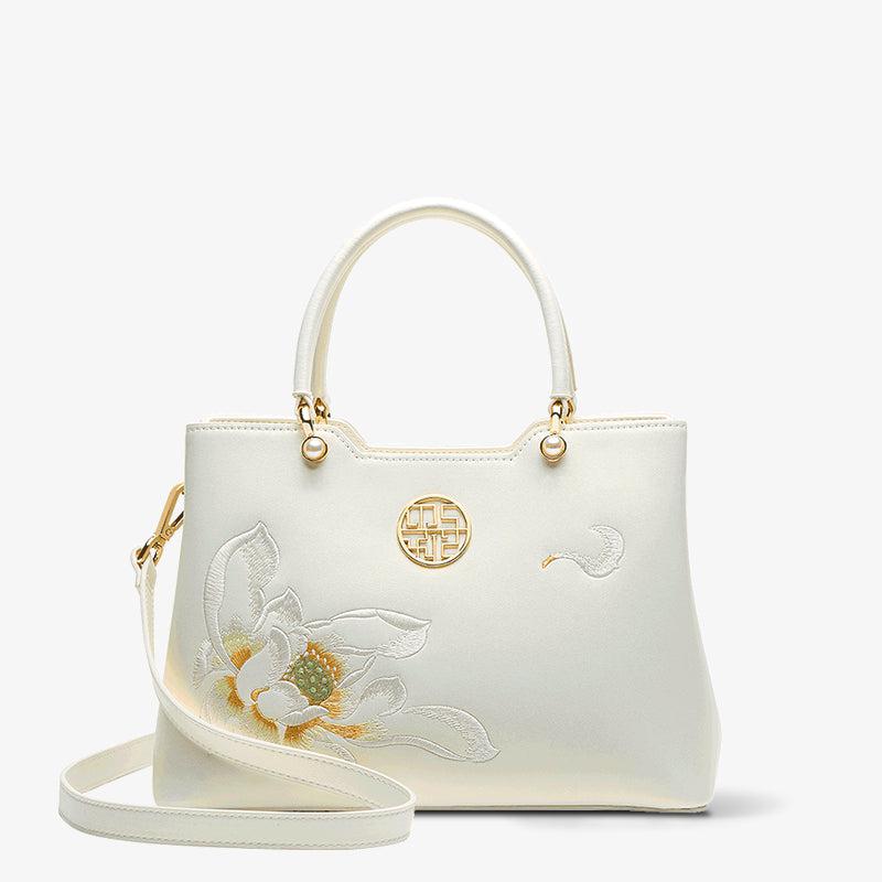 Embroidery Leather White Lotus Tote Bag-Tote Bag-SinoCultural-White-Single Bag-P120279-SinoCultural