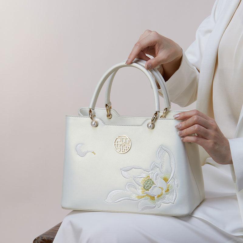 Embroidery Leather White Lotus Tote Bag