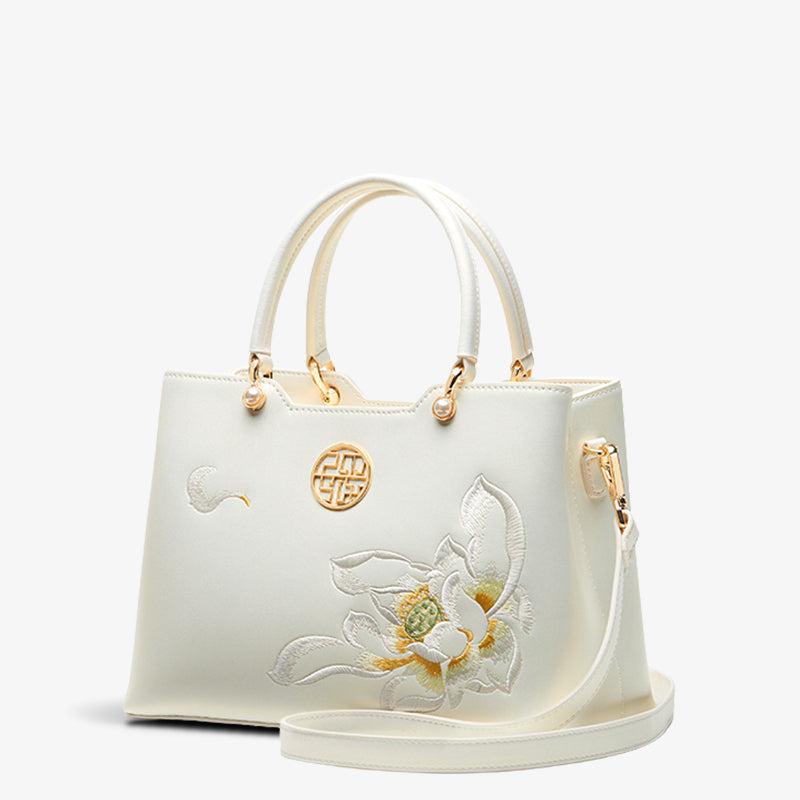 Embroidery Leather White Lotus Tote Bag-Tote Bag-SinoCultural-SinoCultural