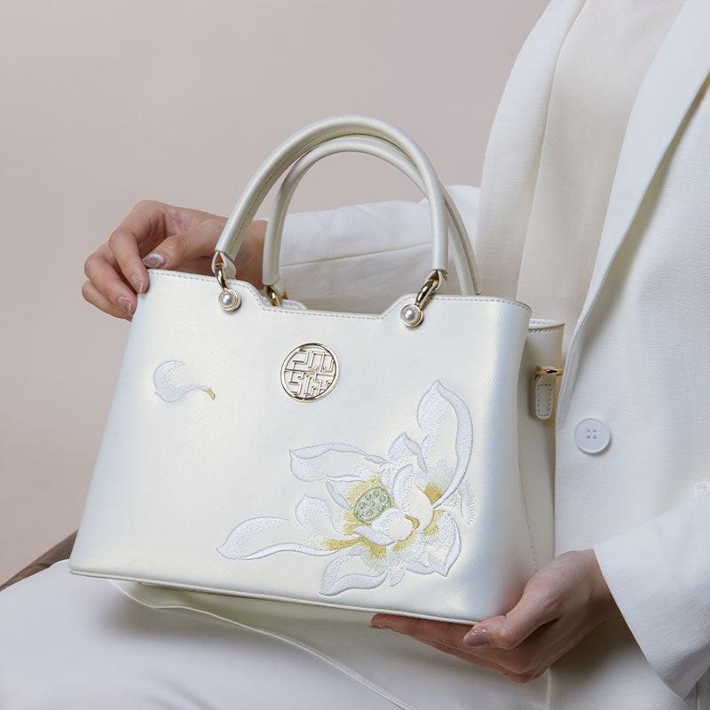 Embroidery Leather White Lotus Tote Bag-Tote Bag-SinoCultural-SinoCultural