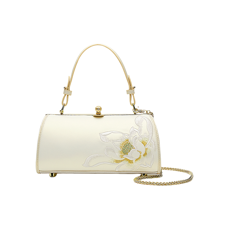 Embroidery Leather White Shoulder Bag Lotus Elegant Handbag