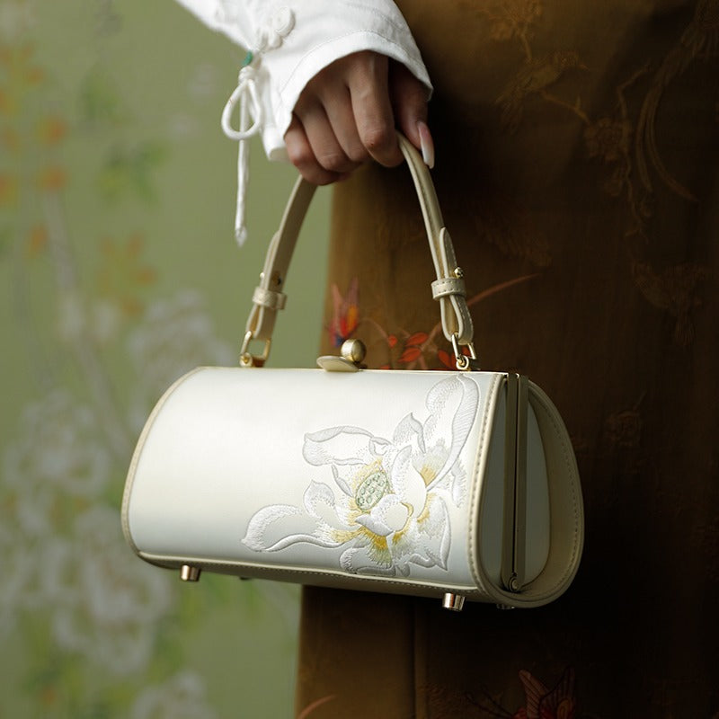 Embroidery Leather Lotus Shoulder Clasp Bag-P120312-SinoCultural