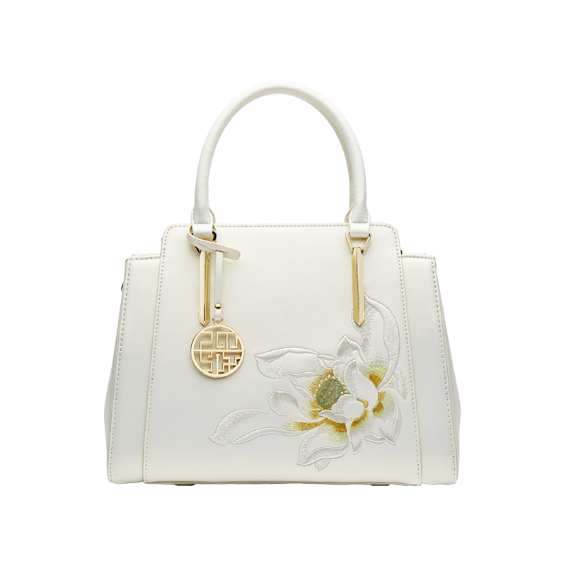 Embroidery Leather Tote Bag White Lotus Crossbody Bag