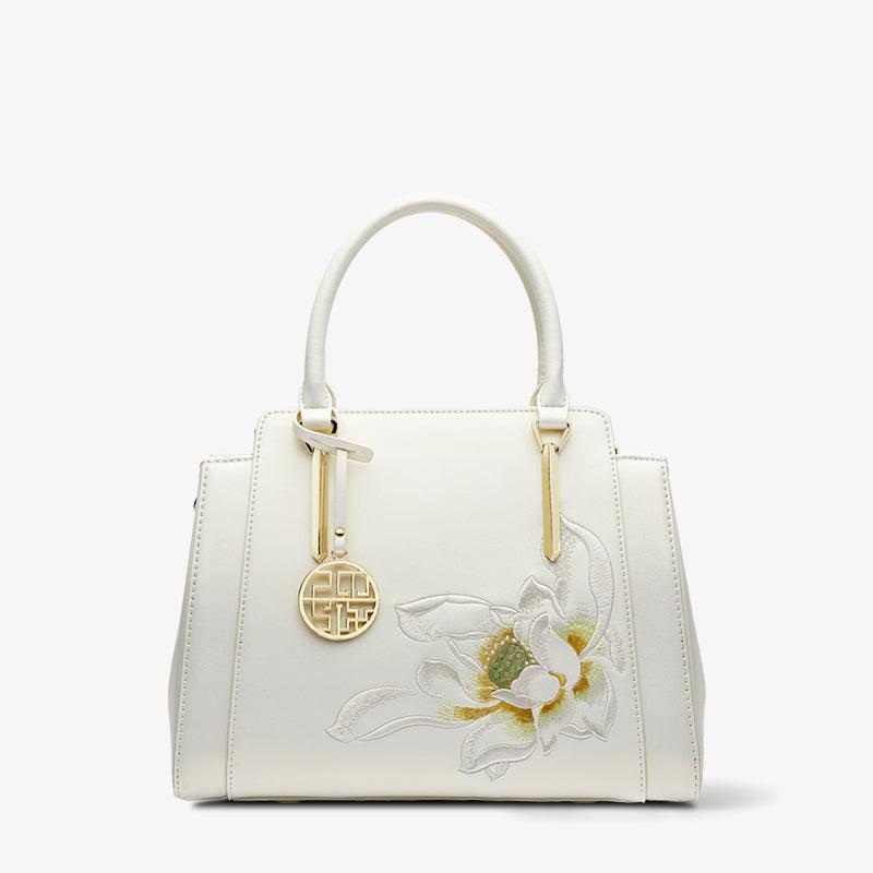 Embroidery Leather Tote Bag Blooming White Lotus-Tote Bag-SinoCultural-White-Single Bag-P120317-SinoCultural