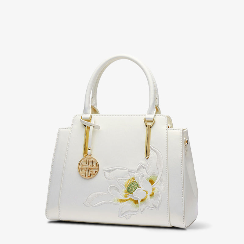 Embroidery Leather Tote Bag Blooming White Lotus-Tote Bag-SinoCultural-SinoCultural