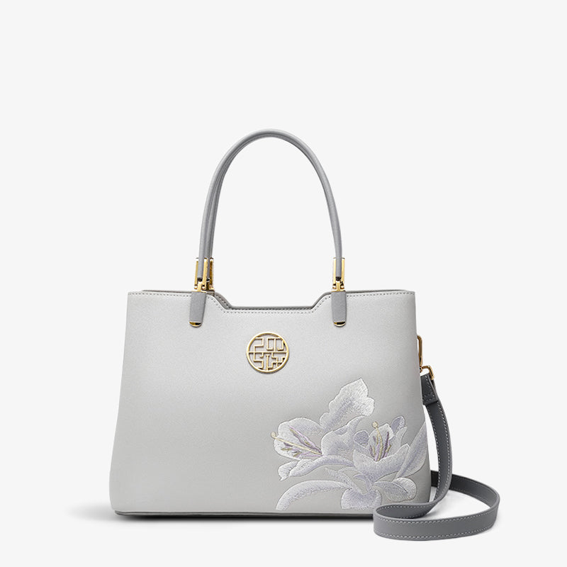 Embroidery Leather Azalea Women Tote Bag-Tote Bag-SinoCultural-SinoCultural