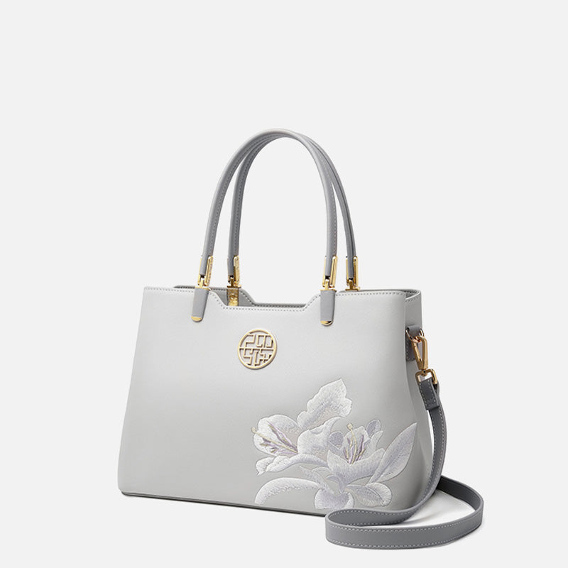 Embroidery Leather Azalea Women Tote Bag-Tote Bag-SinoCultural-SinoCultural