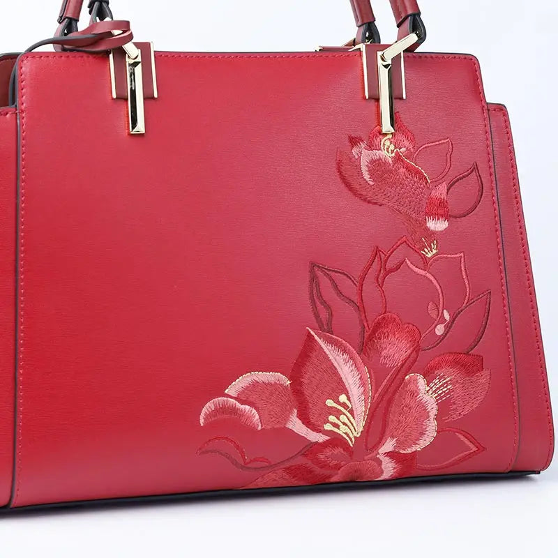 Embroidery Leather Magnolia Crossbody Tote Bag Women Handbag