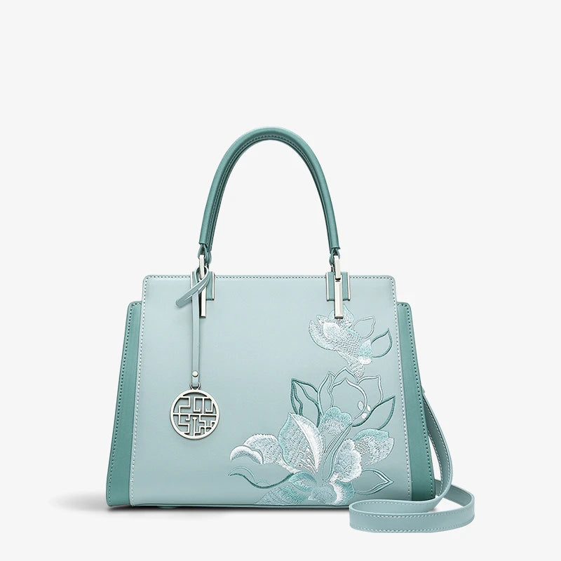 Embroidery Leather Magnolia Women's Crossbody Tote Bag