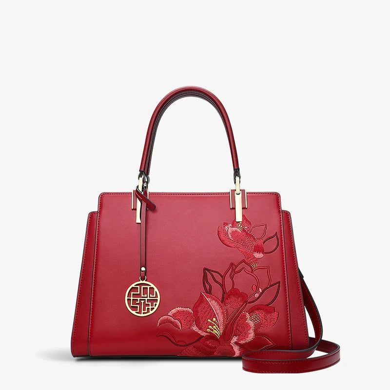 Embroidery Leather Magnolia Women's Crossbody Tote Bag