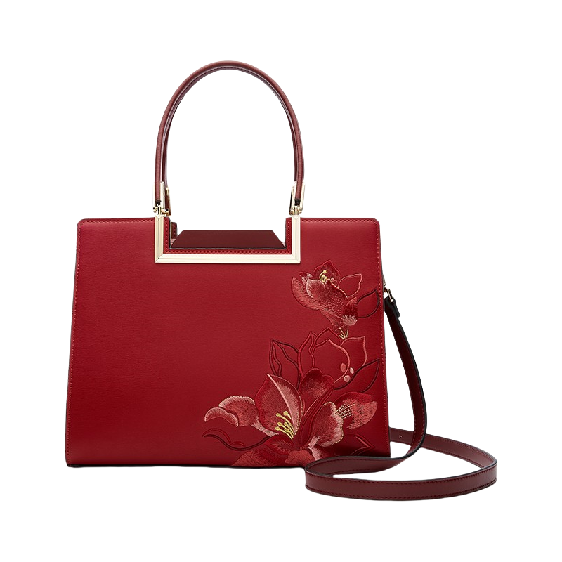 Sinocultural Embroidery Leather Red Tote Bag Magnolia Women's Handbag