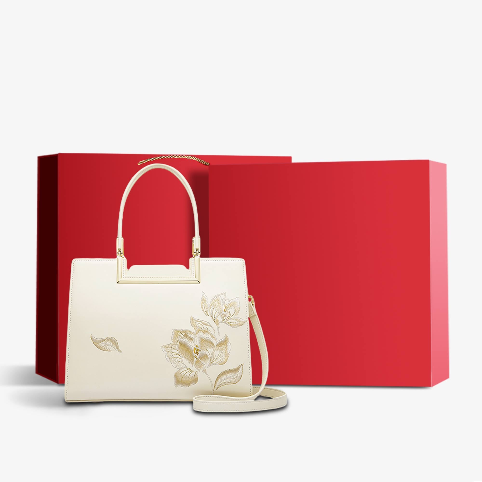 Embroidery Leather Magnolia Women's Handbag-Tote Bag-SinoCultural-White-Bag with Gift Box-P120346-4-g-SinoCultural