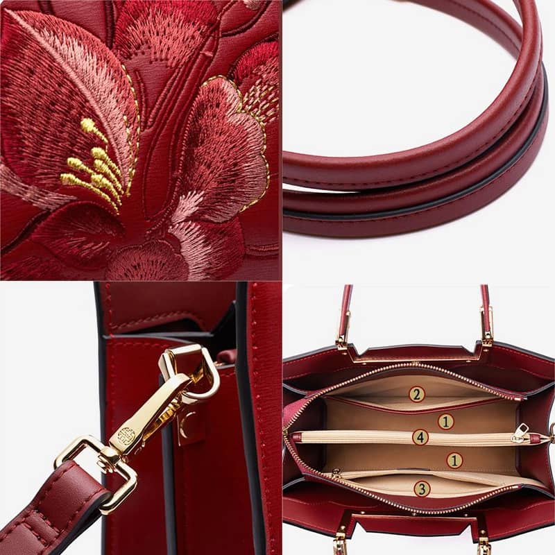 Embroidery Leather Magnolia Women's Handbag-Tote Bag-SinoCultural-SinoCultural