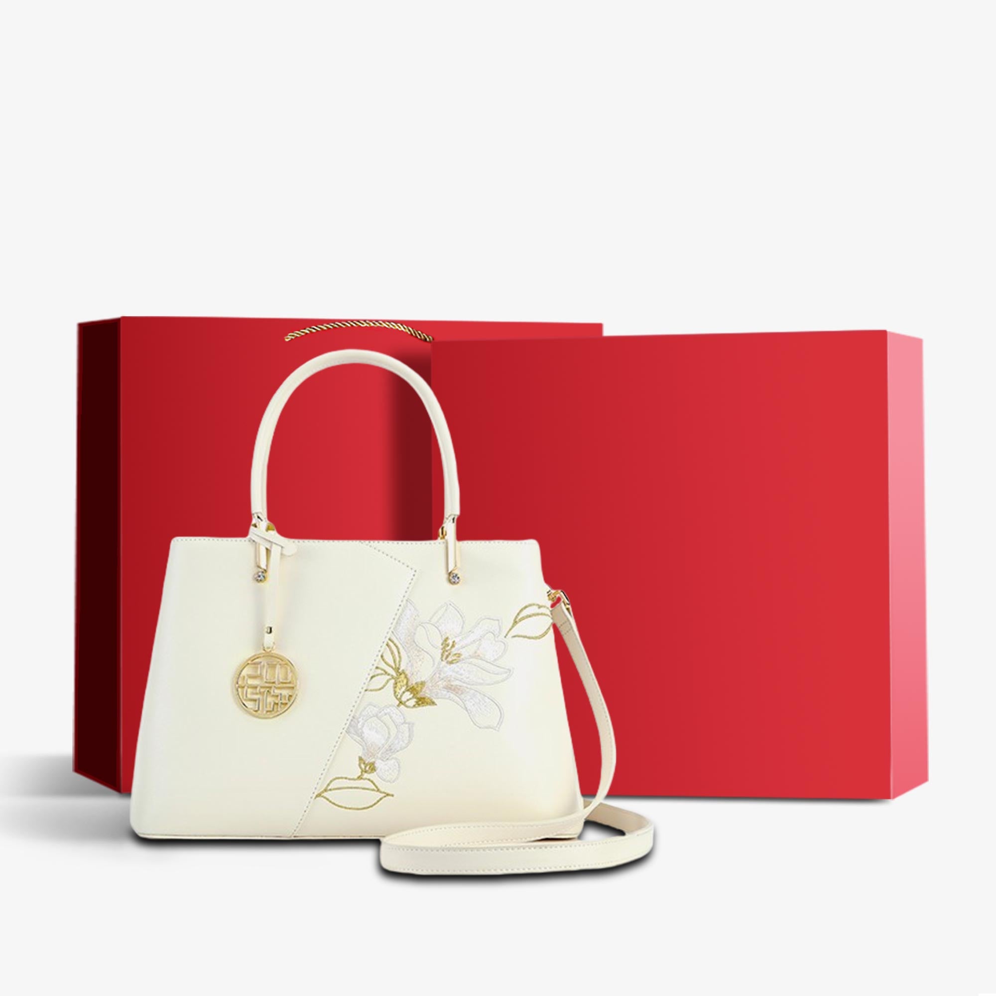 Embroidery Leather Magnolia Leather Tote Bag-Tote Bag-SinoCultural-White-Bag with Gift Box-P120348-3-g-SinoCultural