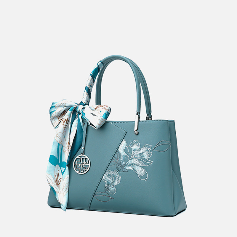 Embroidery Leather Magnolia Leather Tote Bag-Tote Bag-SinoCultural-Blue-Single Bag-P120348-2-SinoCultural
