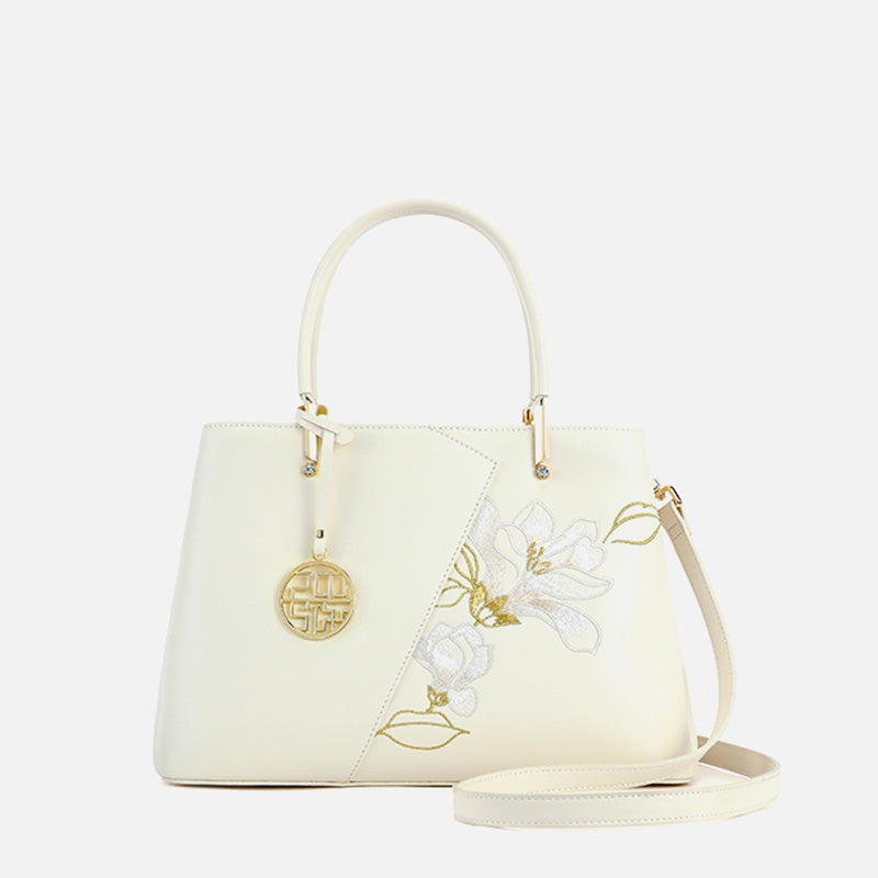 Embroidery Leather Magnolia Leather Tote Bag-Tote Bag-SinoCultural-White-Single Bag-P120348-3-SinoCultural